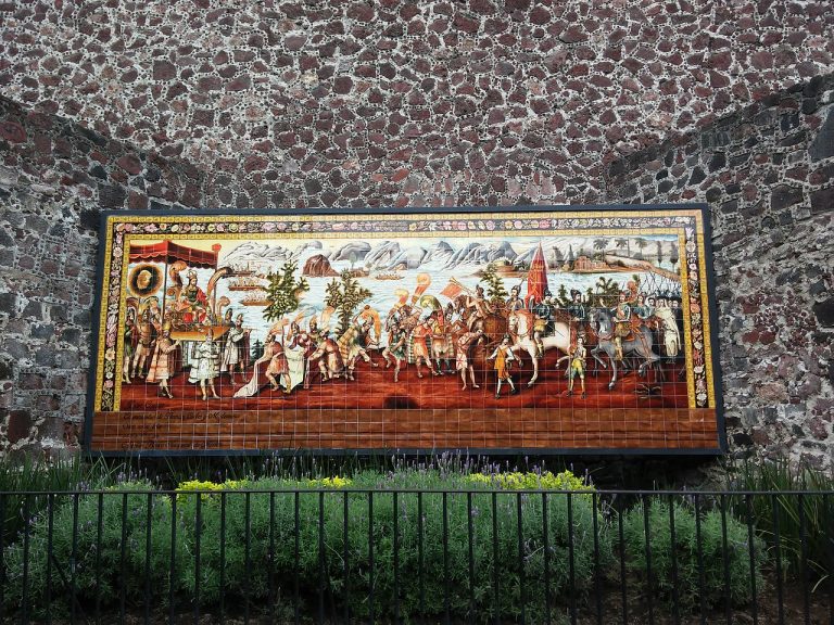 Mural del encuentro entre Moctezuma y Hernán Cortés